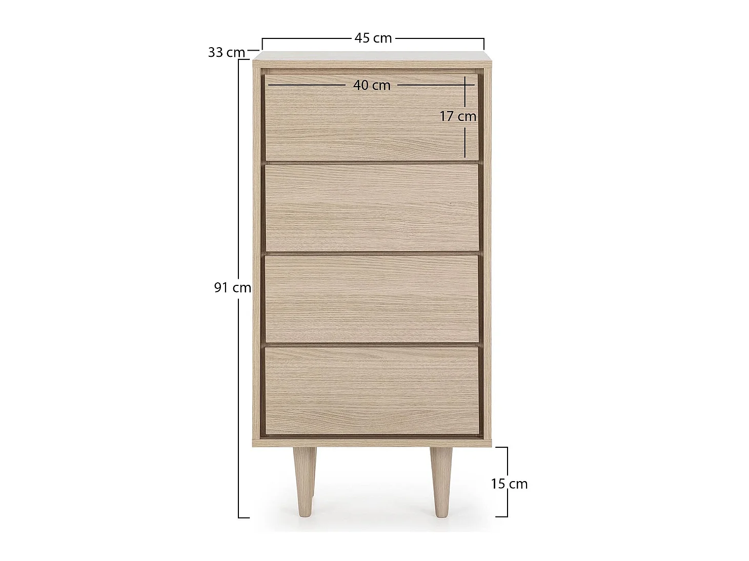 Chiffonnier Denia 4 tiroirs Chêne/Chêne, 45 cm Largeur