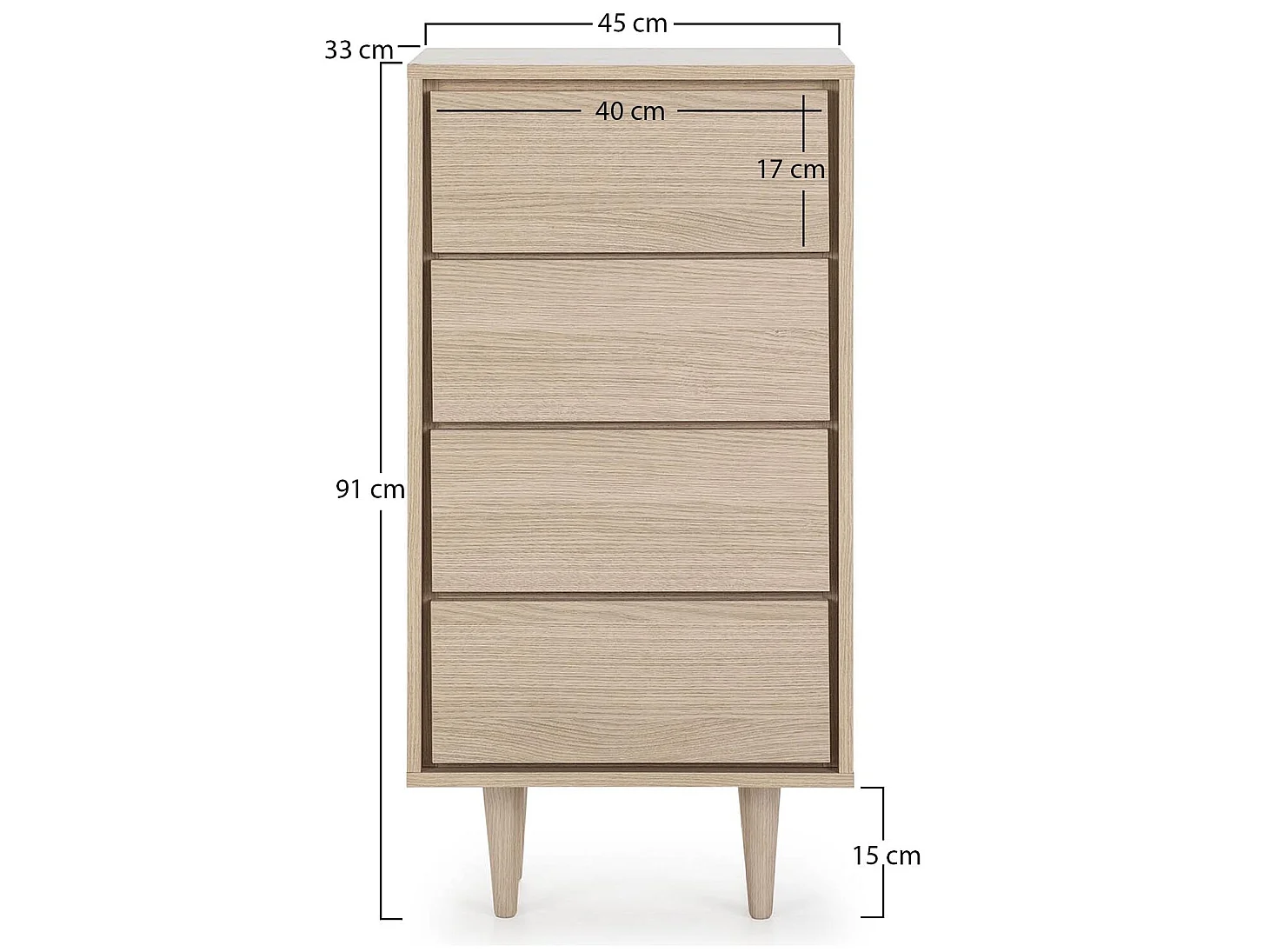 Chiffonnier Denia 4 tiroirs Chêne/Chêne, 45 cm Largeur