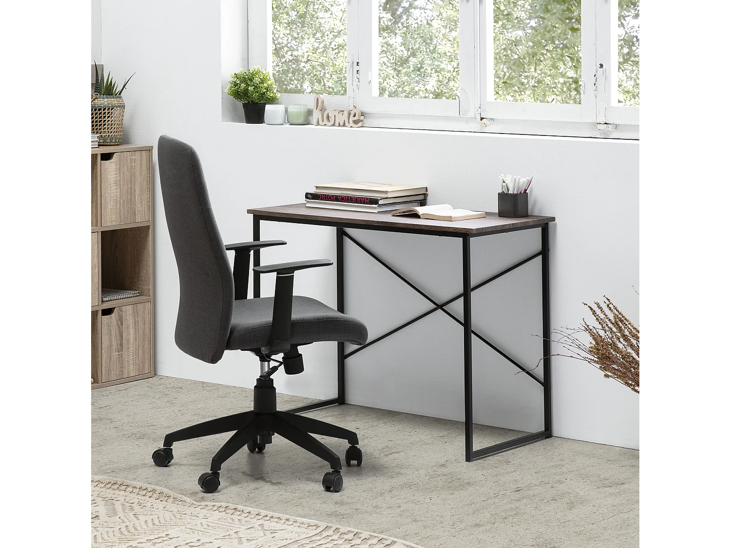 Bureau Cáceres Noir,Table pour PC, Style Industriel, 90 cm Longueur