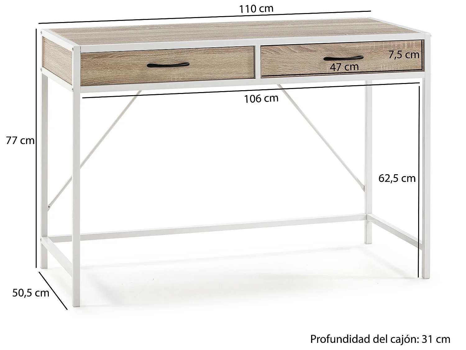 Mesa de Escritorio Tulum Blanco, Mesa de Ordenador, 2 cajones