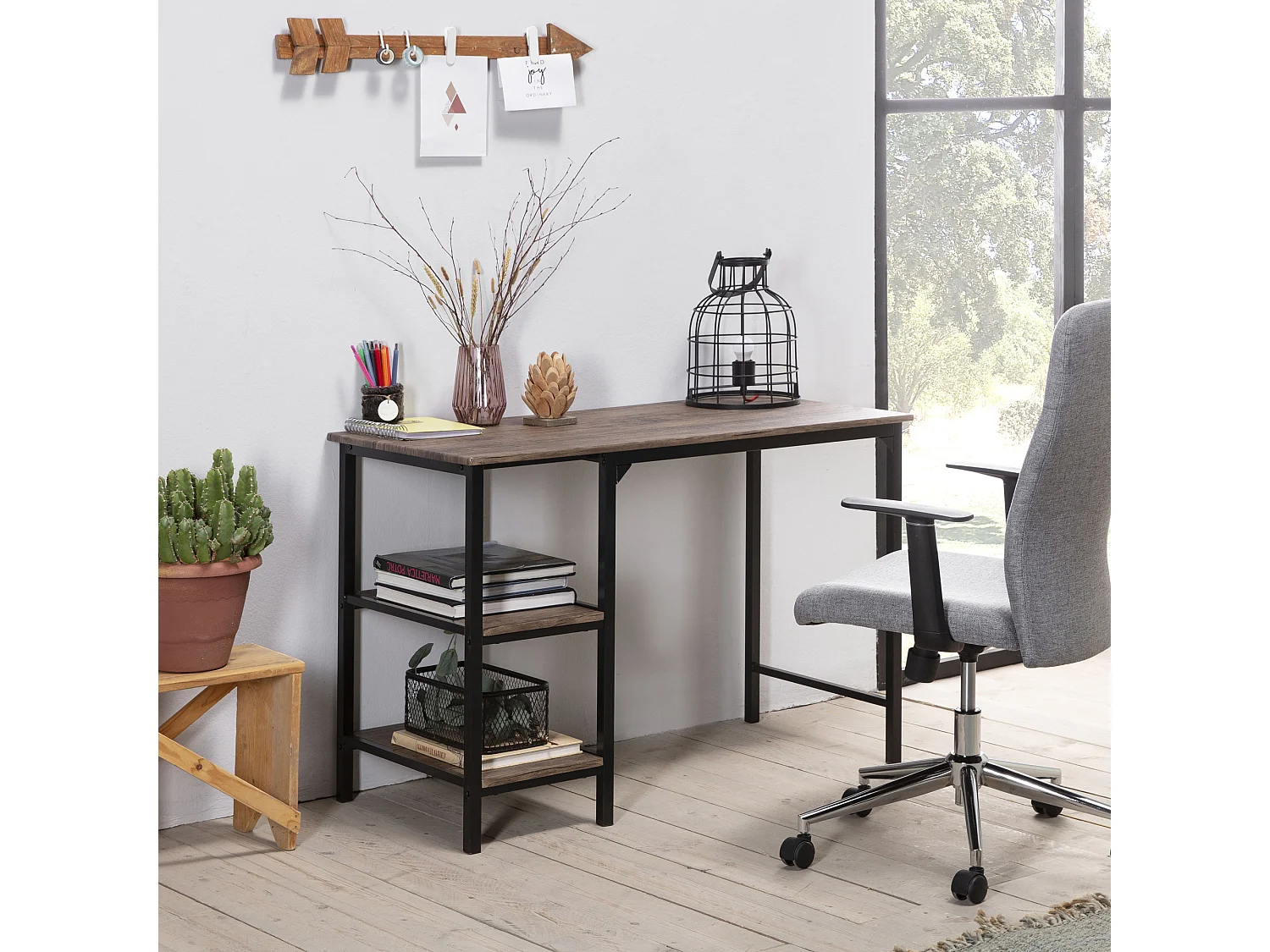 Bureau Colón Noir,Table pour PC, 2 Rayons, Style Industriel, 110 cm Longueur