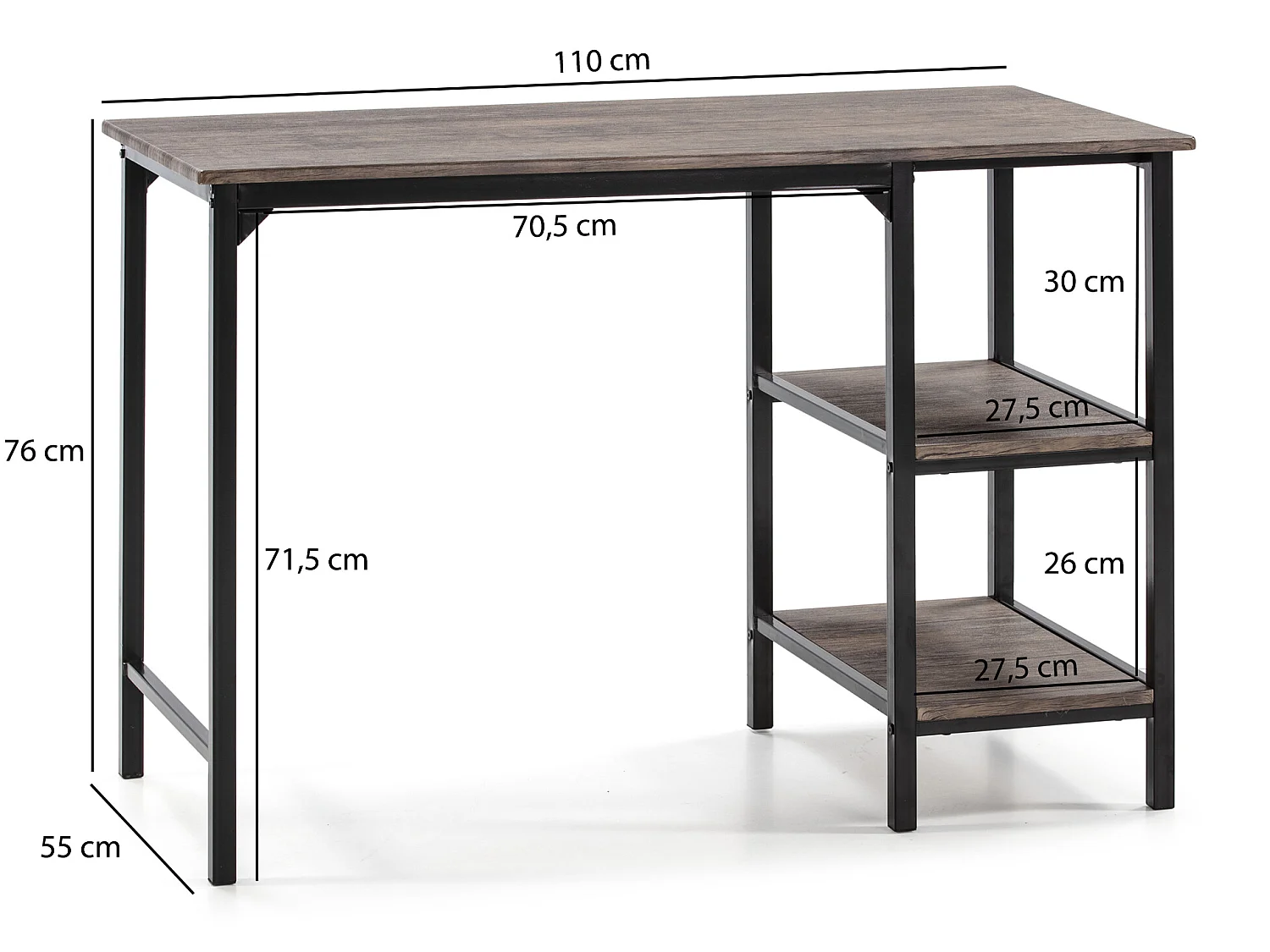 Bureau Colón Noir,Table pour PC, 2 Rayons, Style Industriel, 110 cm Longueur
