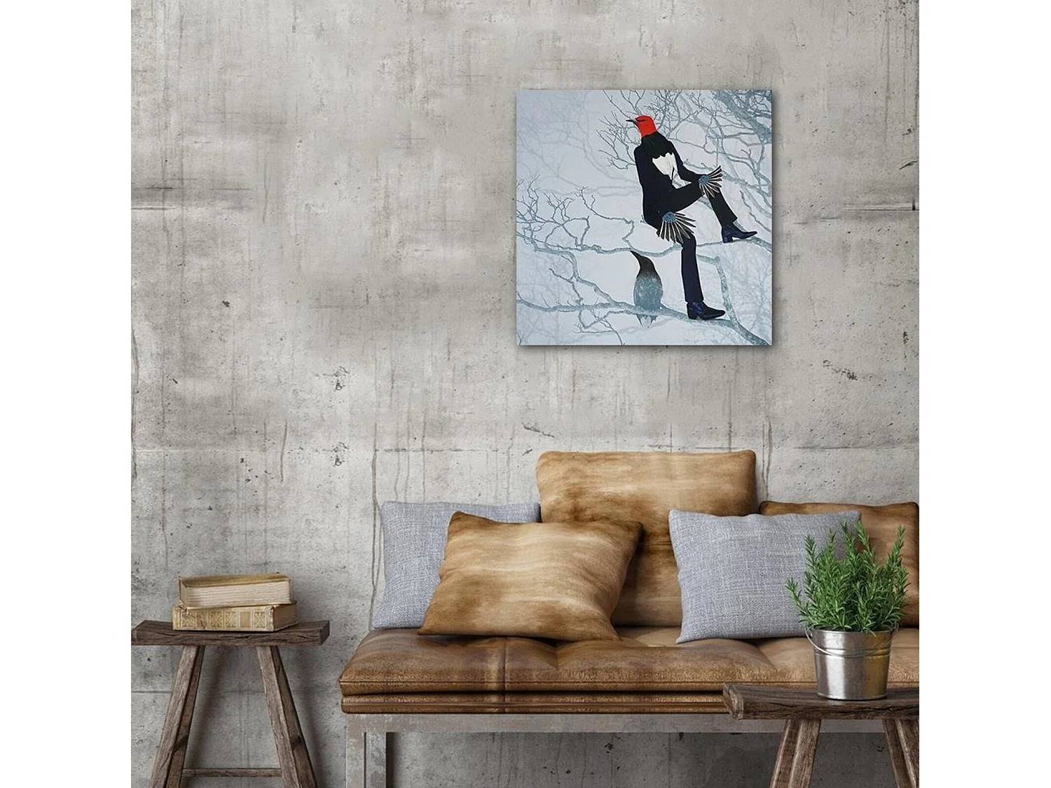 Tableau homme oiseau des bois - 80 x 80 cm