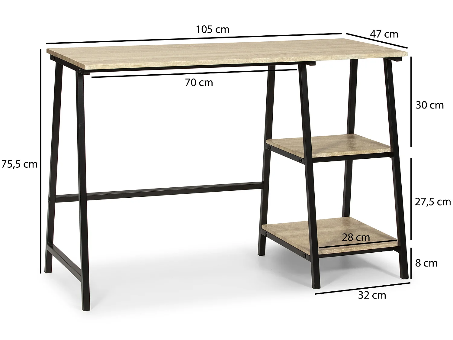 Bureau Lisboa Noir, Table pour PC, Style Industriel, 105 cm Longueur