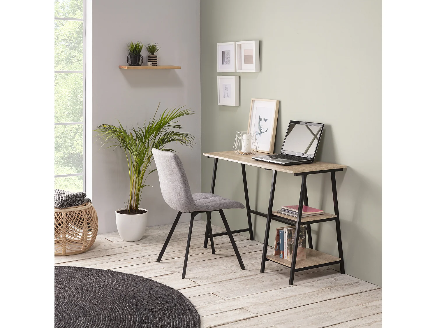 Bureau Lisboa Noir, Table pour PC, Style Industriel, 105 cm Longueur