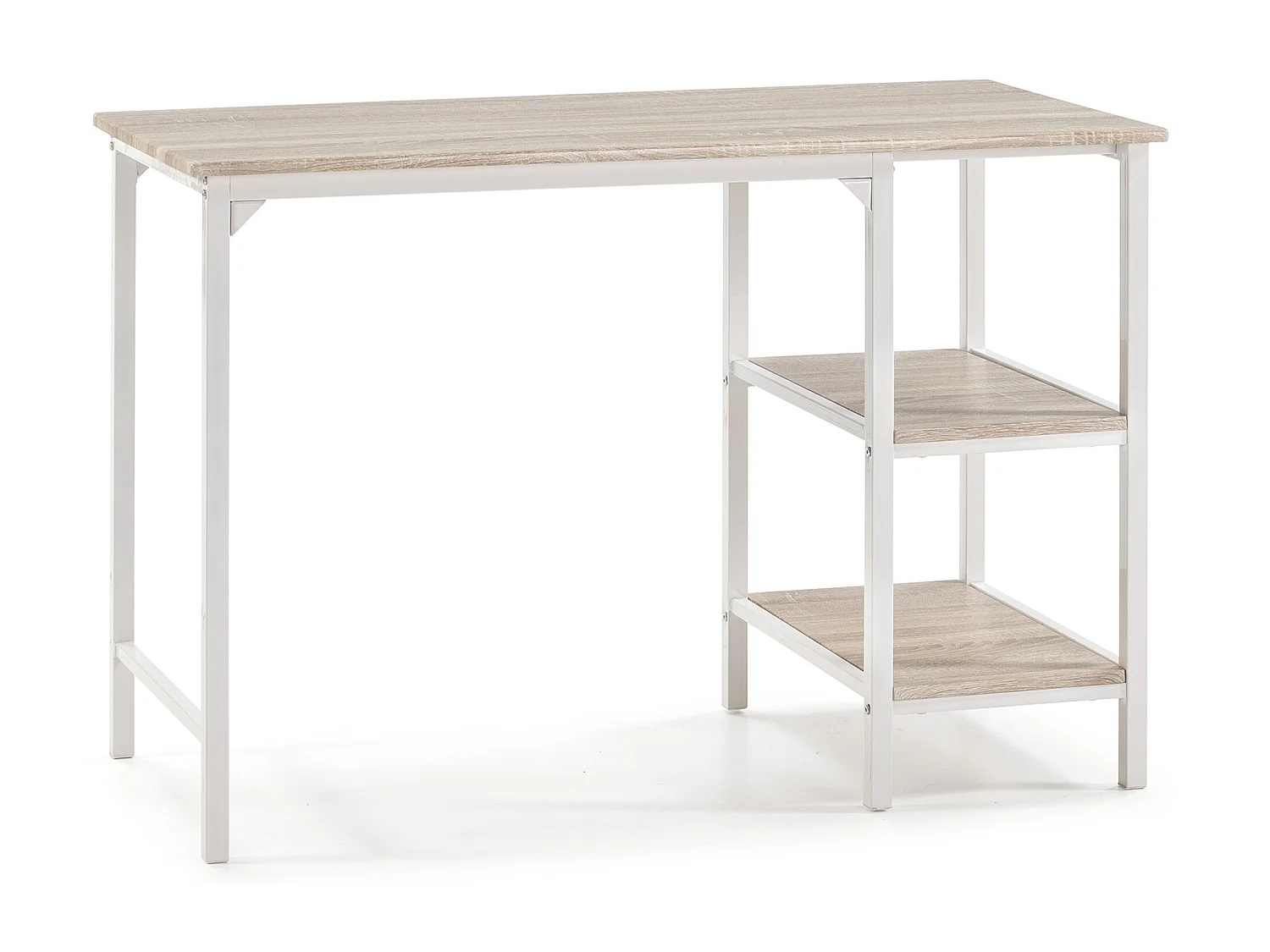 Bureau Colón Blanc,Table pour PC, 2 Rayons, Style Industriel, 110 cm Longueur