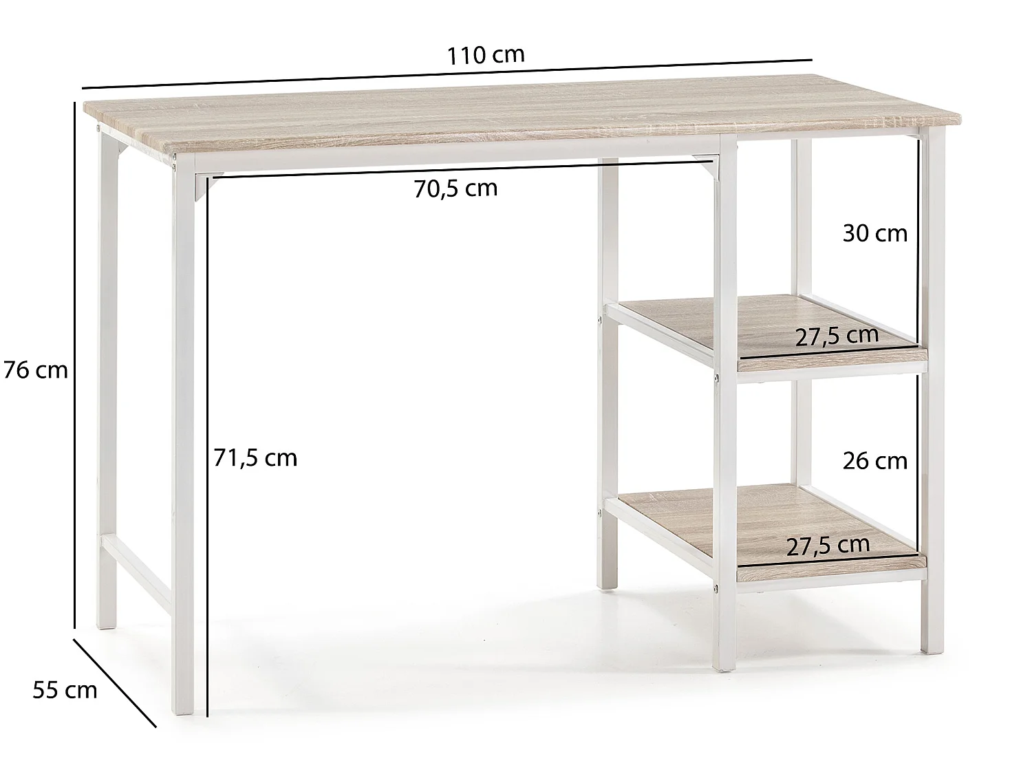 Bureau Colón Blanc,Table pour PC, 2 Rayons, Style Industriel, 110 cm Longueur