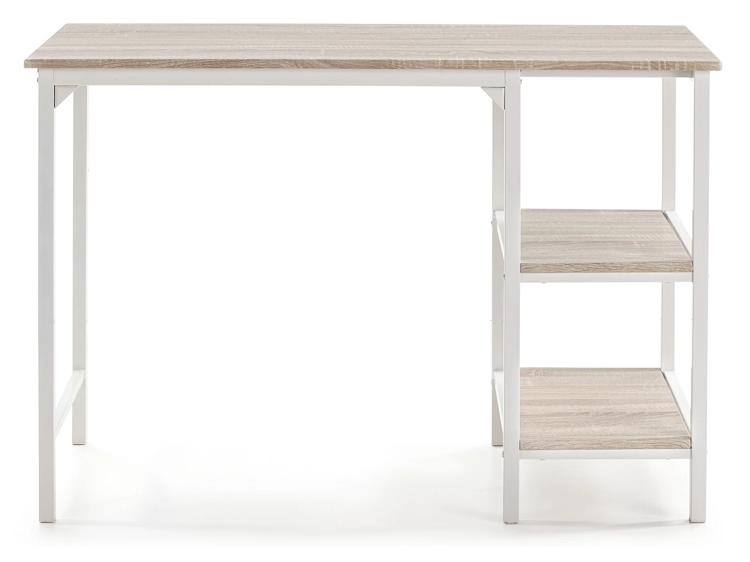 Bureau Colón Blanc,Table pour PC, 2 Rayons, Style Industriel, 110 cm Longueur