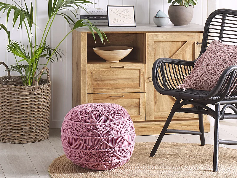 Pouf Macramé KAYSERI Coton Rose
