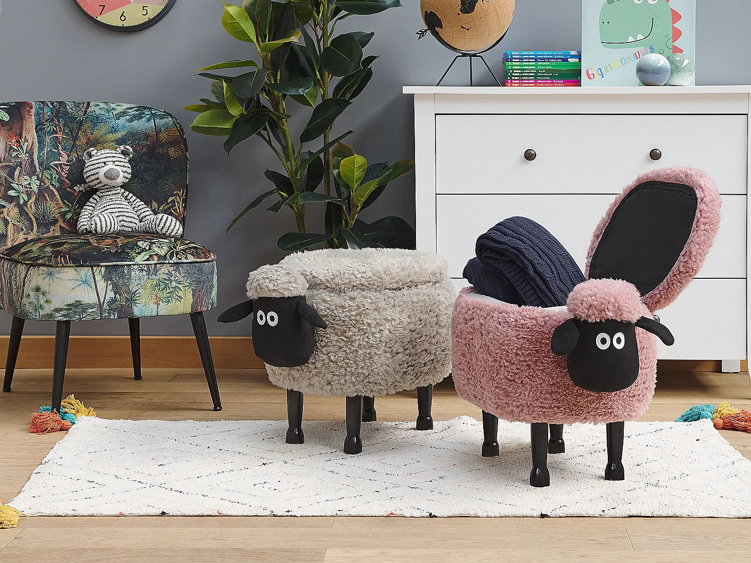Tabouret de rangement animal SHEEP Tissu Rose Mouton