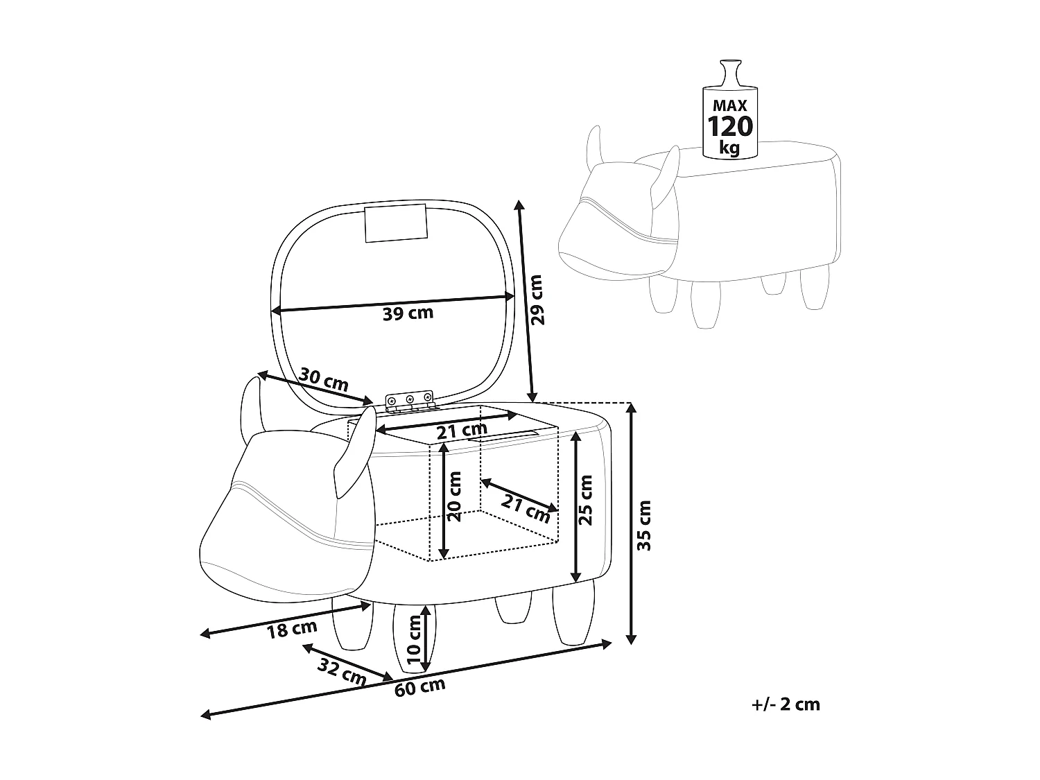 Pouf animaletto tessuto similpelle marrone motivo mucca COW