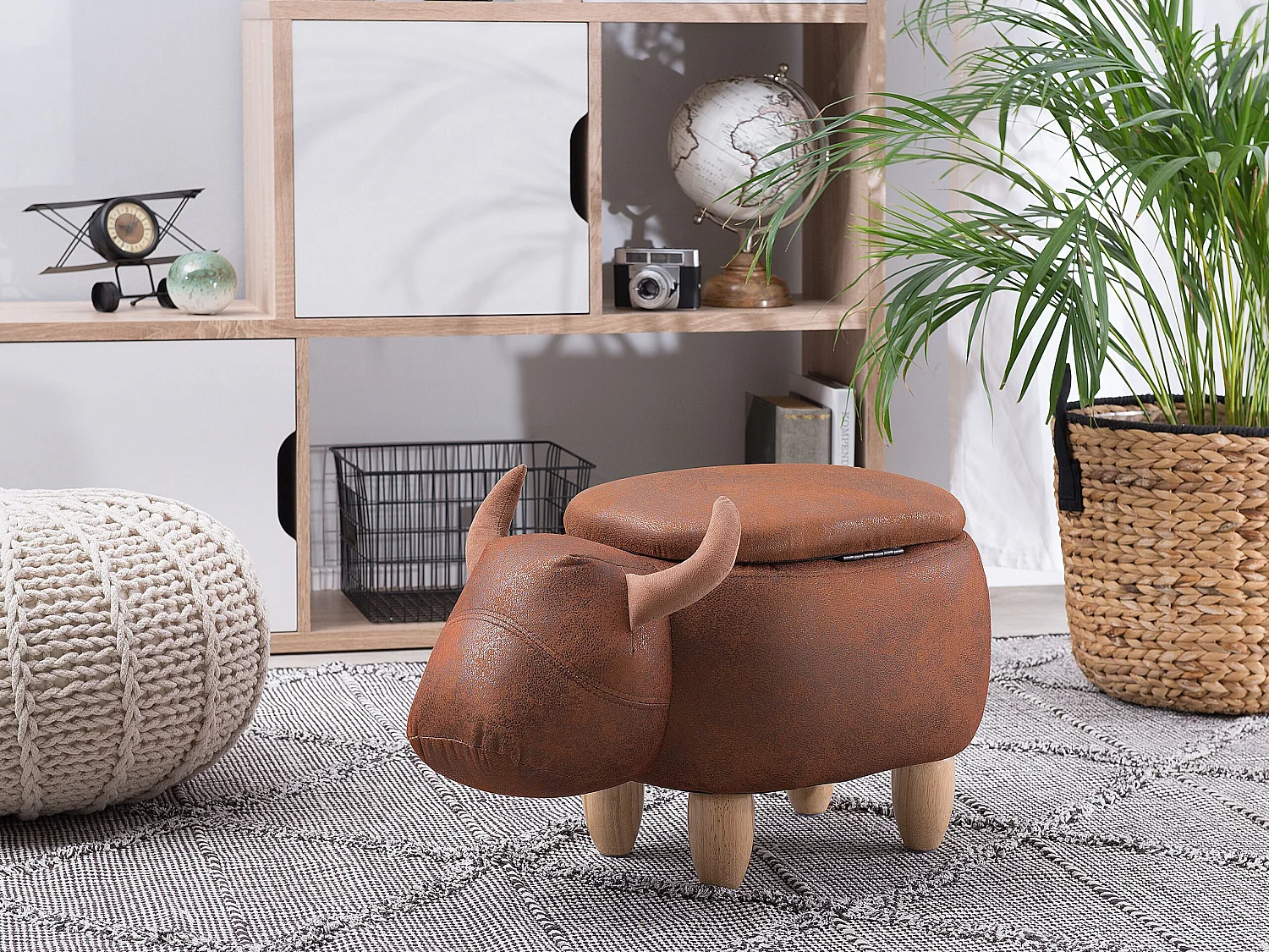 Tabouret de rangement animal COW Cuir PU Marron clair