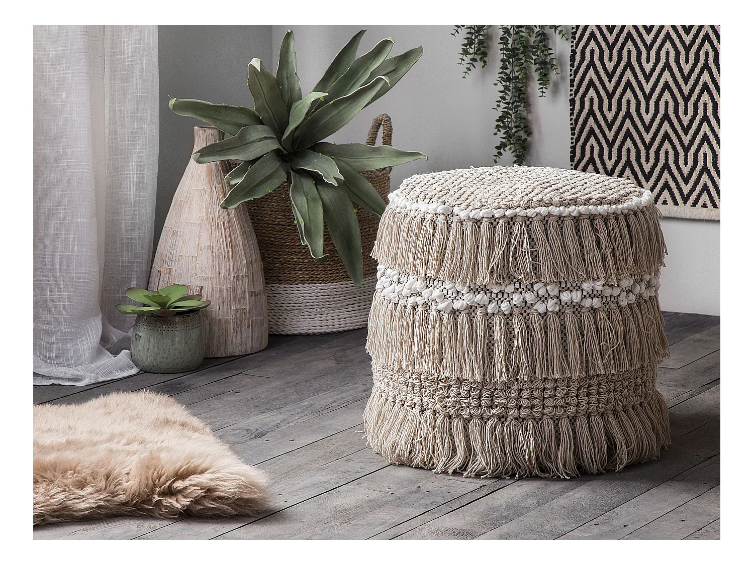 Pouf Ottomane Taburett Sitzpouf beige Baumwolle Boho Noida