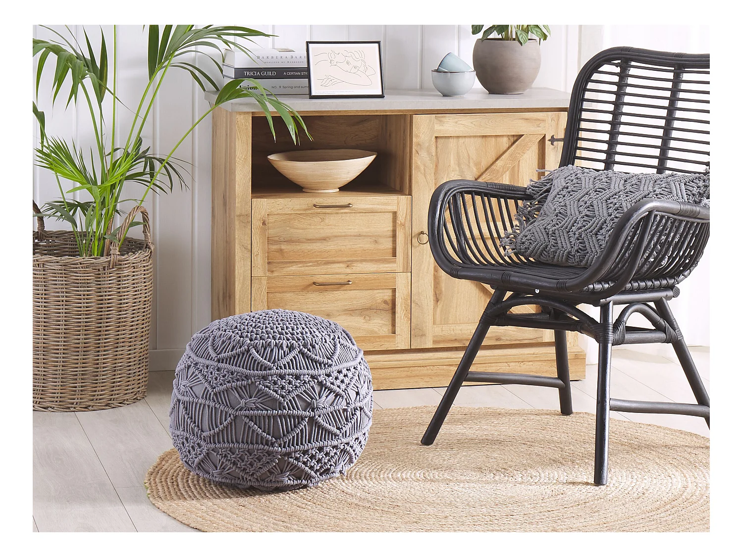 Pouf Macramé KAYSERI Coton Gris