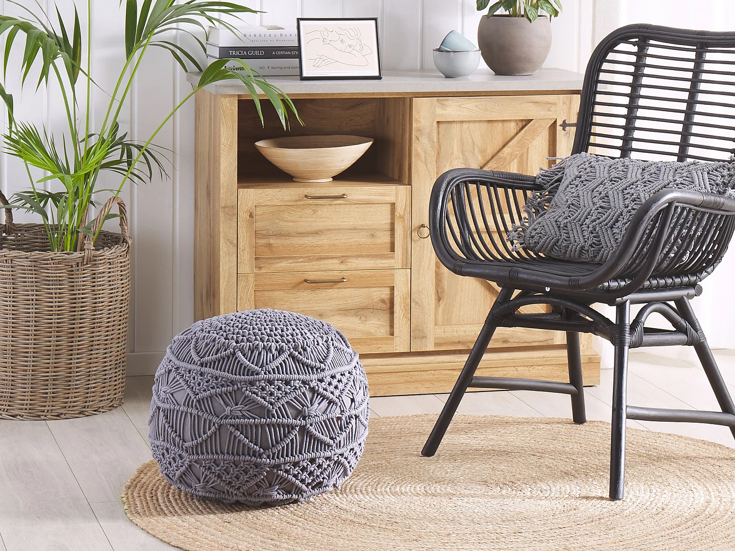 Pouf Macramè KAYSERI Cotone Grigio 40 cm 40 cm 40 cm