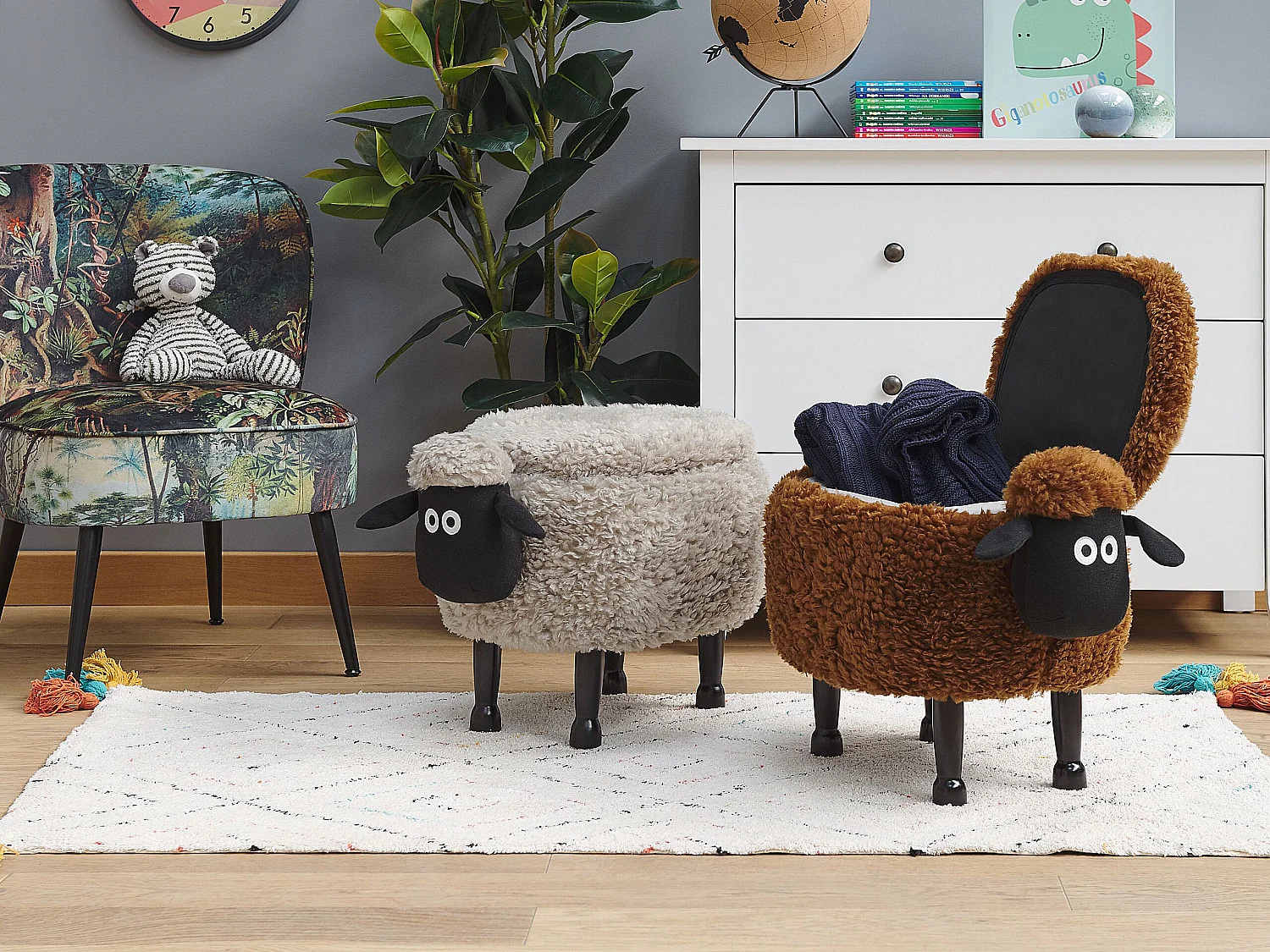 Tamborete animal com arrumação SHEEP Tecido Cinzento