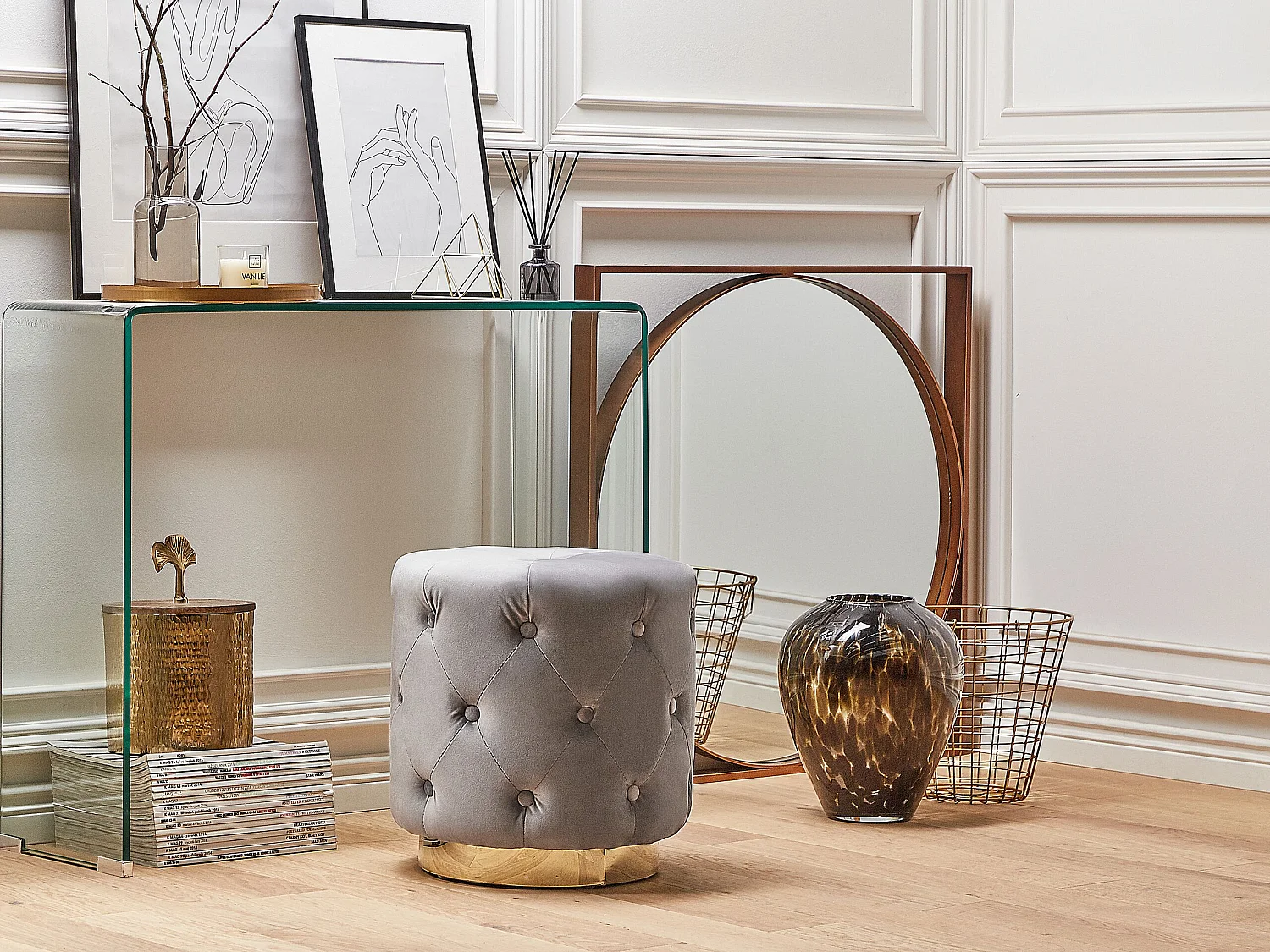 Pouf CARROLLTON Velours Gris clair