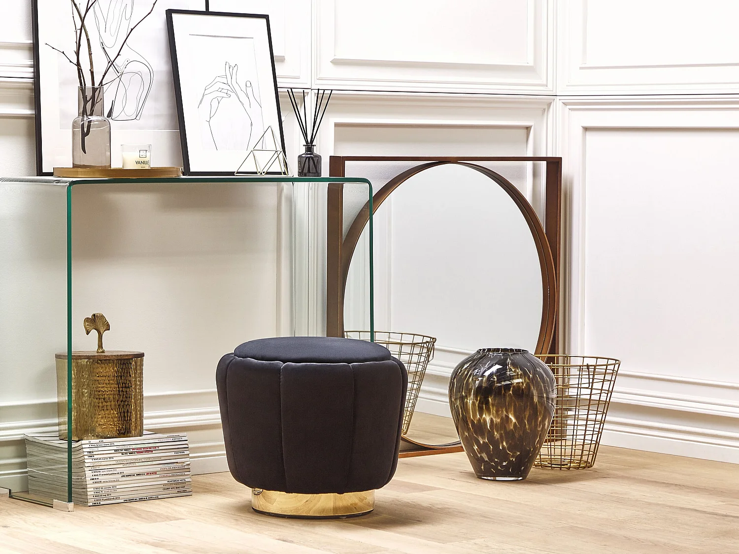 Pufe IRVING Veludo Preto 43 cm 43 cm 37 cm