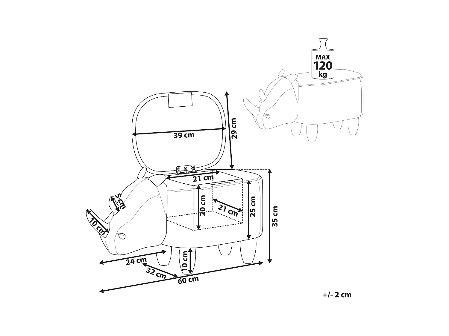 Tabouret de rangement animal RHINO Cuir PU Gris foncé