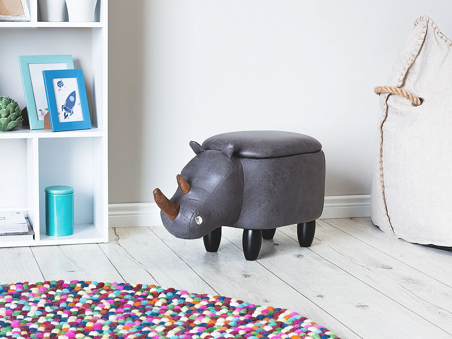 Tabouret de rangement animal RHINO Cuir PU Gris foncé Rhinocéros