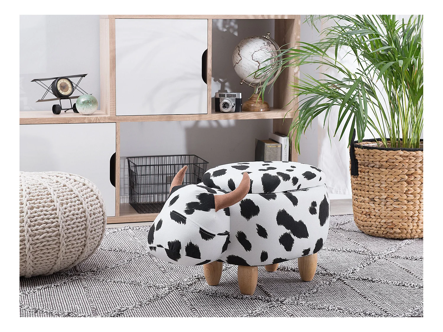 Pouf animaletto tessuto bianco e nero motivo mucca COW
