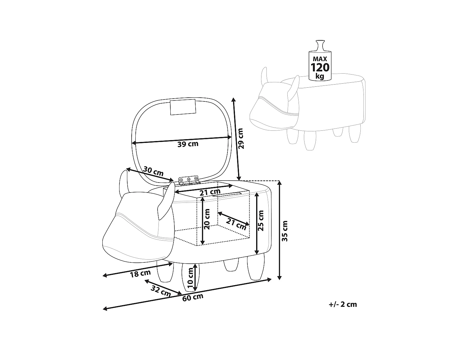 Puf animal con almacenaje COW Tela Blanco