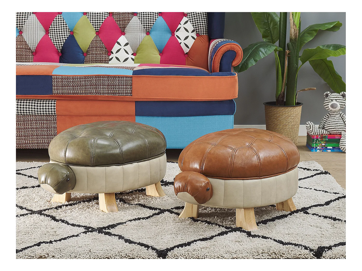 Süßer Hocker für Kinder in Schildkrötenform dunkelgrün / beige Lederoptik Turtle