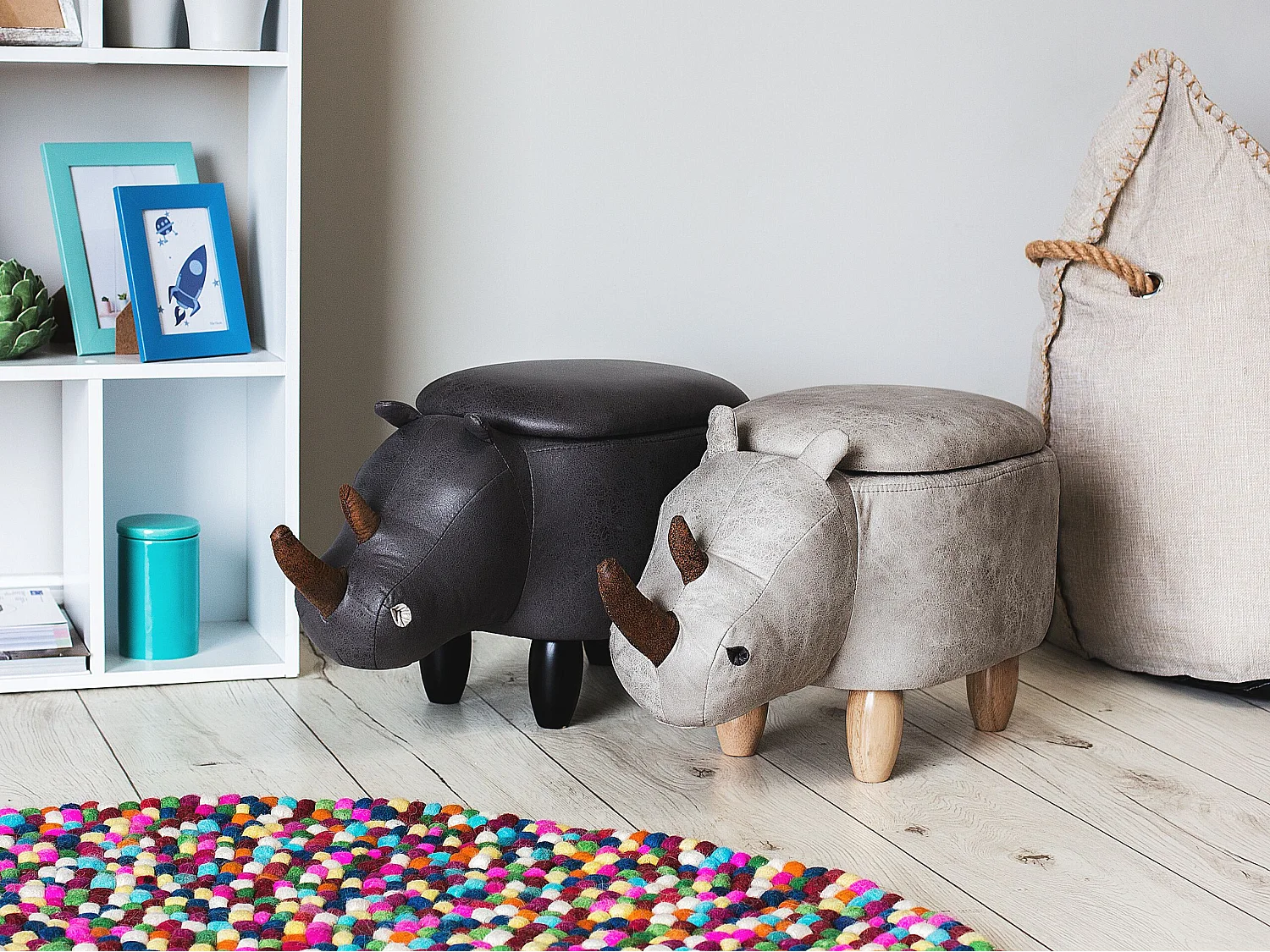 Tabouret de rangement animal RHINO Cuir PU Gris clair Rhinocéros