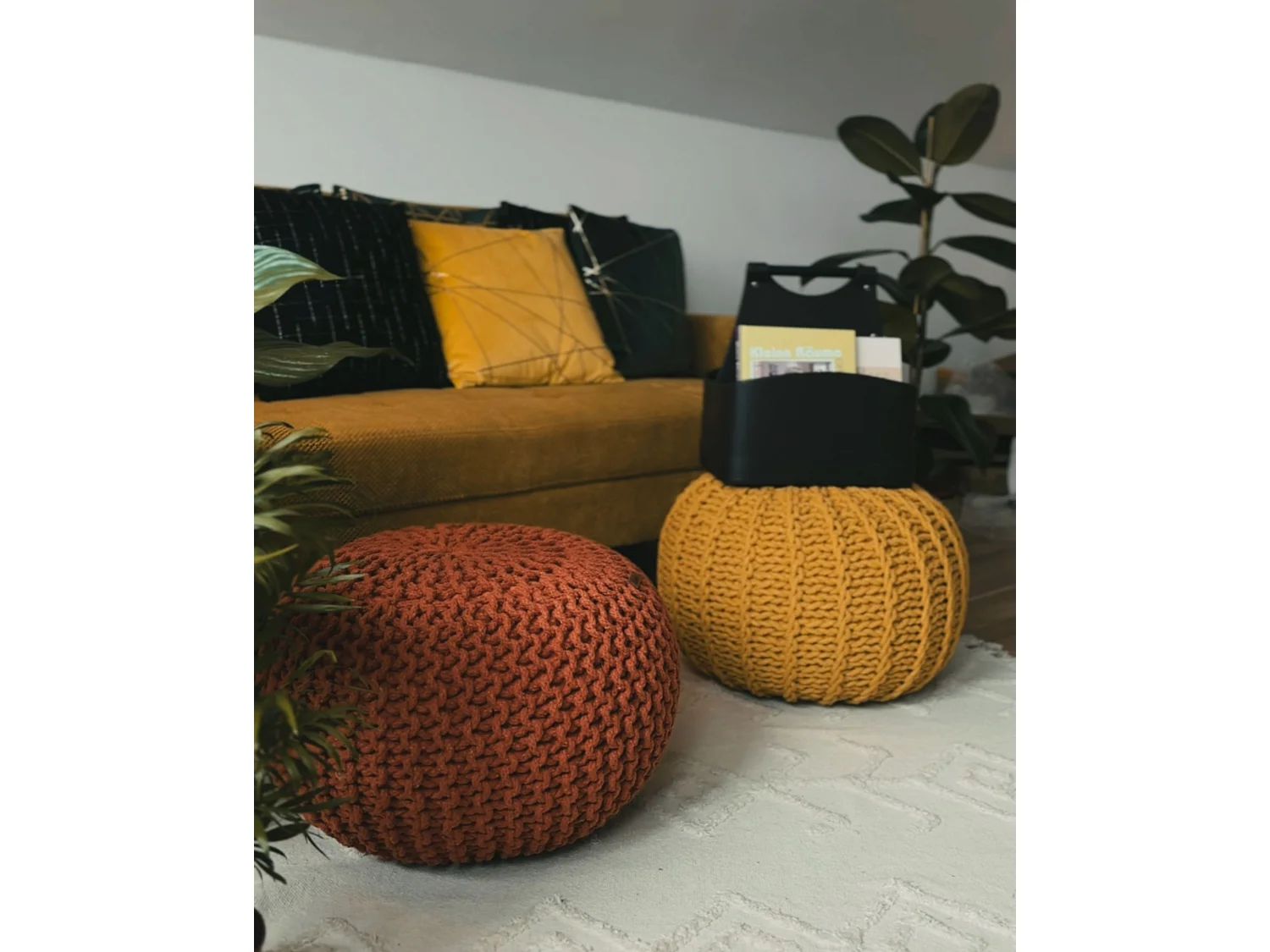 Pouf CONRAD Coton Moutarde 50 cm 50 cm 35 cm