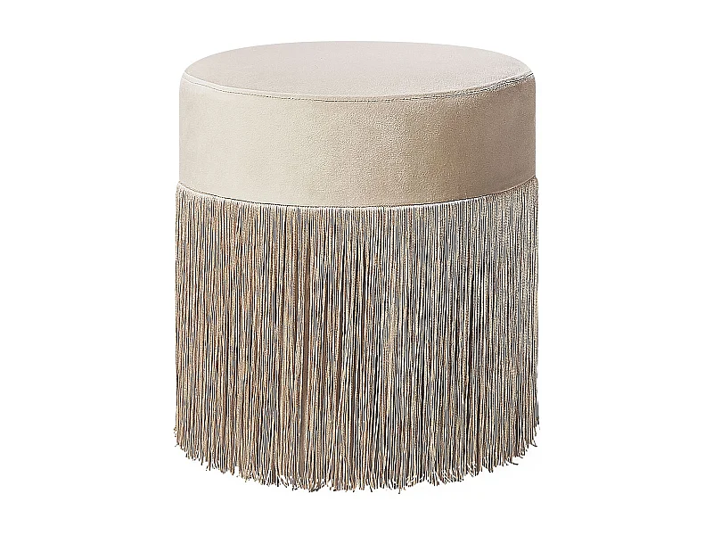 Moderner Pouf beige taupe aus Samtstoff mit Fransen Rund 36 x 38 cm Boho Stil