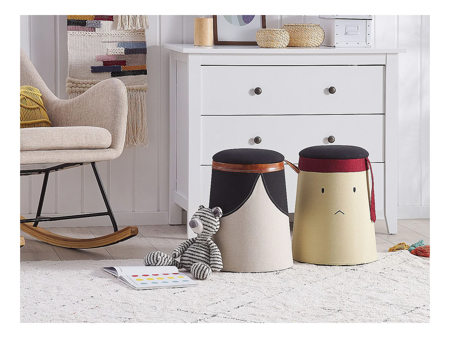 Kinderhocker Polsterbezug beige rund mit Stauraum Indianer-Design Apache