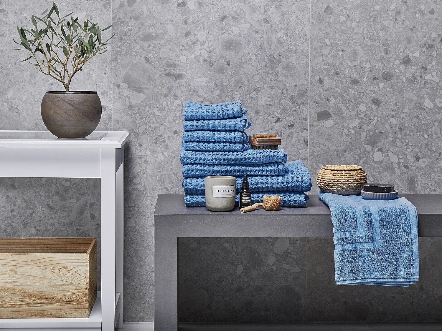 Handtuch Set mit Badematte Baumwolle blau 9-teilig Areora