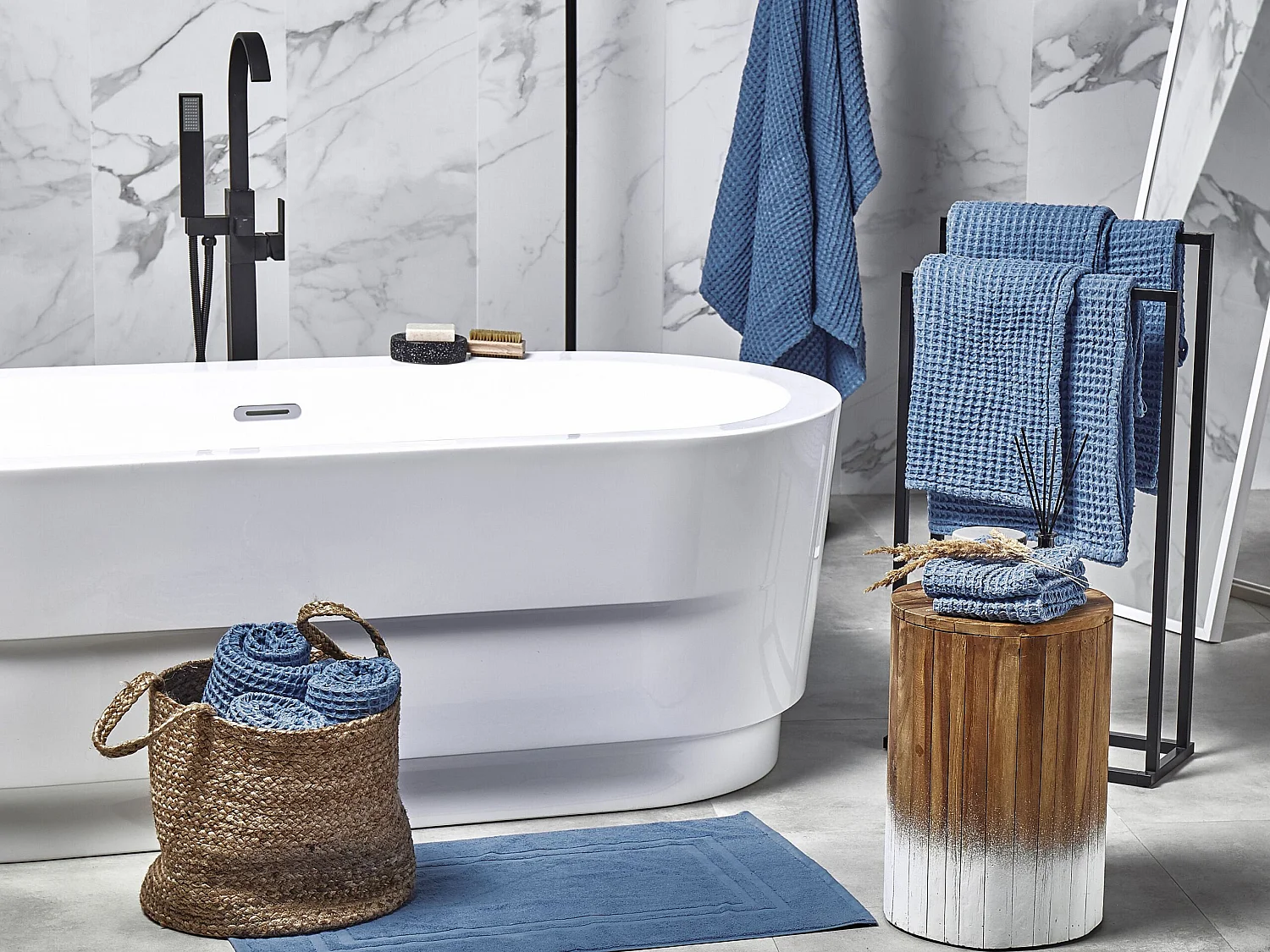 Handtuch Set mit Badematte Baumwolle blau 11-teilig Areora