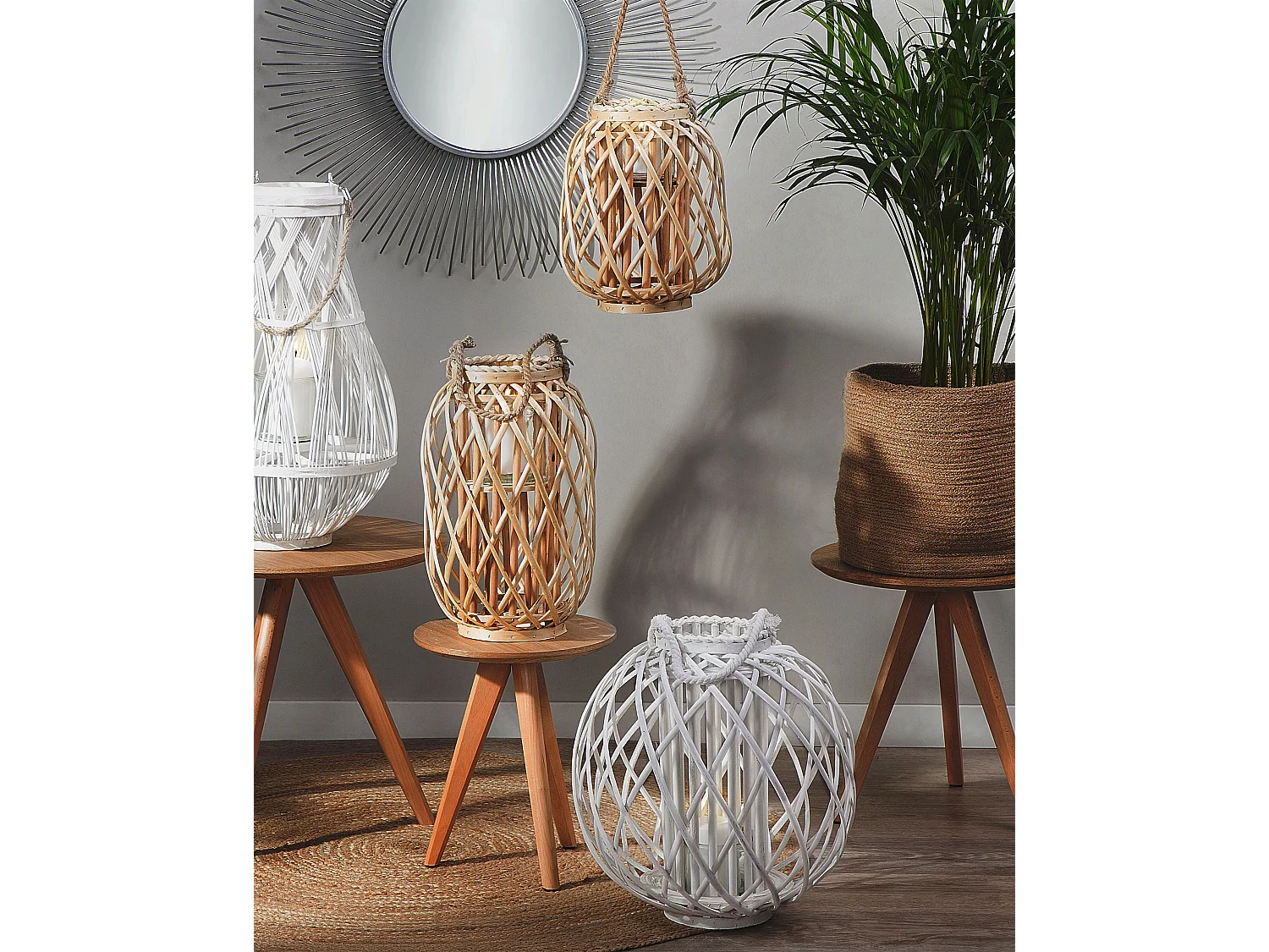 Dekolaterne Weidenholz weiß 41 cm mit Glas Kerzenhalter Griff Boho Modern Samoa