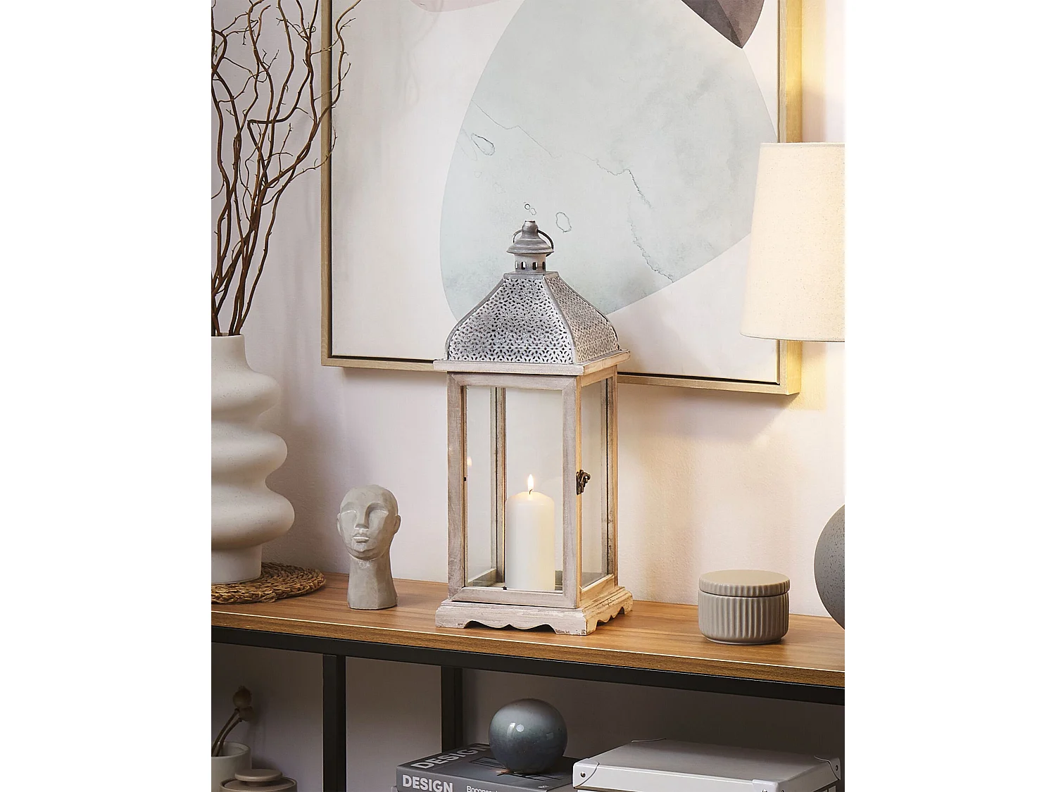 Lanterne SAMAR Bois de pin 47 cm Blanc