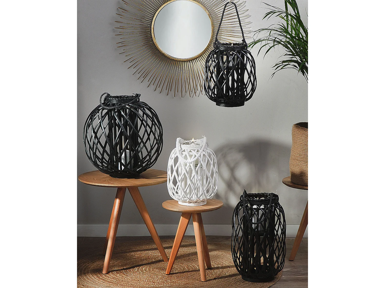 Dekolaterne Weidenholz weiß 30 cm mit Kerzenhalter Griff Modern dekorativer Kerzenständer Mauritius