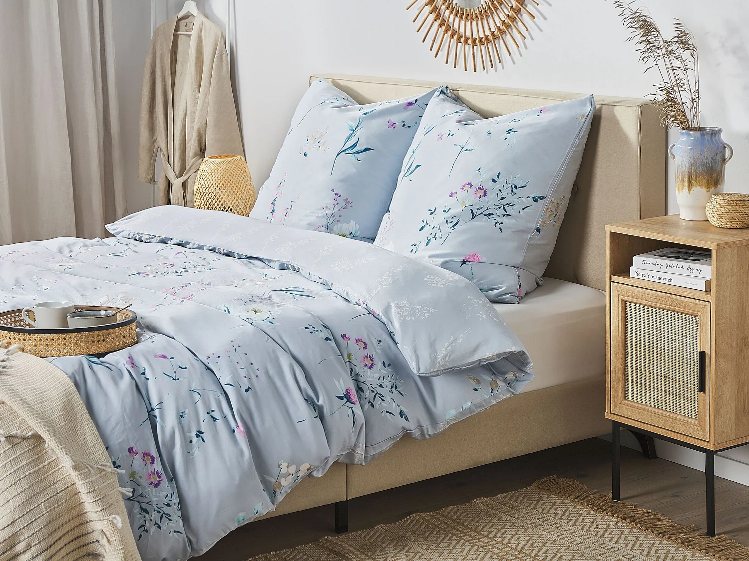 Ensemble de housses de couette EVERGREEN Satin de coton 155 x 220 cm Bleu clair