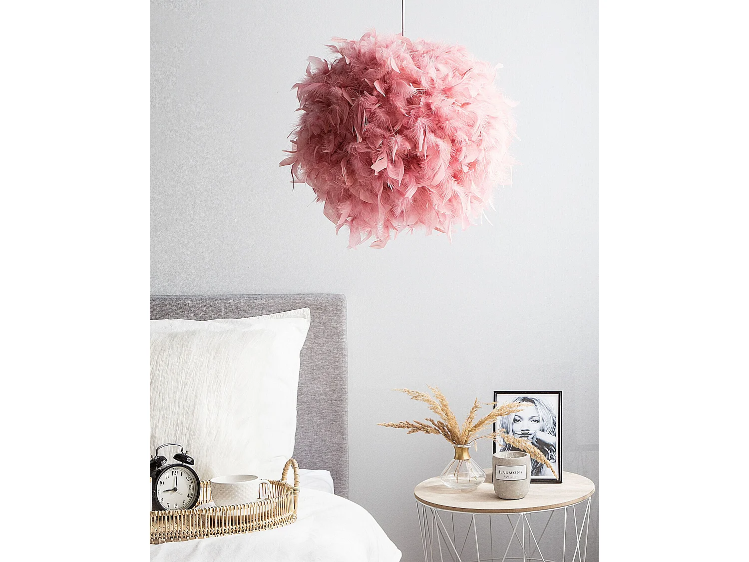 Retro Pendelleuchte Deckenleuchte mit echten Federn rosa Drava