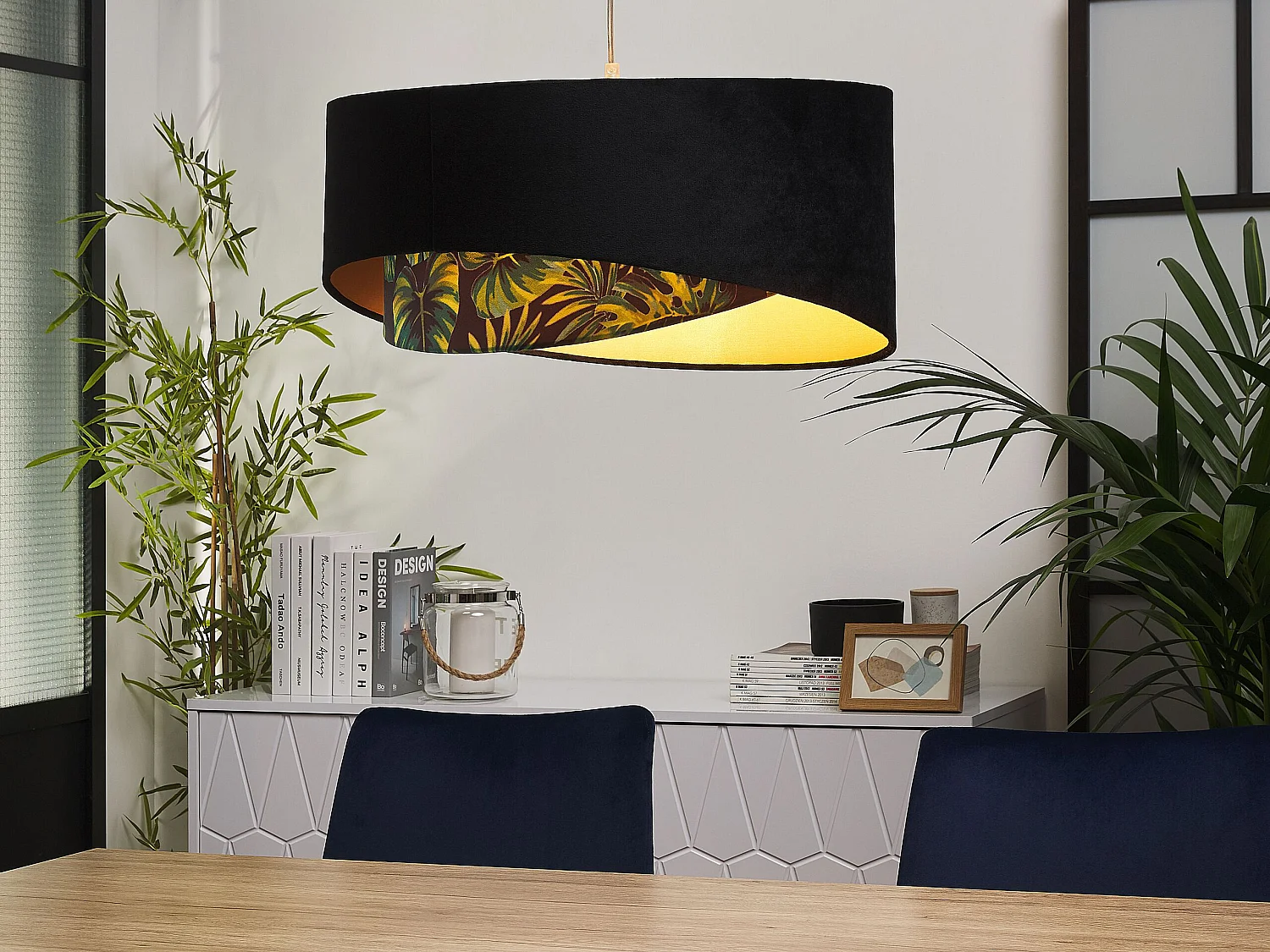 Lampe suspension noire et motif feuille ZEJA