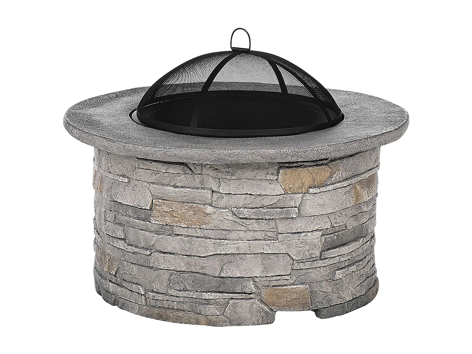 Feuerstelle grau Leichtbeton rund 92 cm Steinoptik mit Funkenschutzhaube Tambora