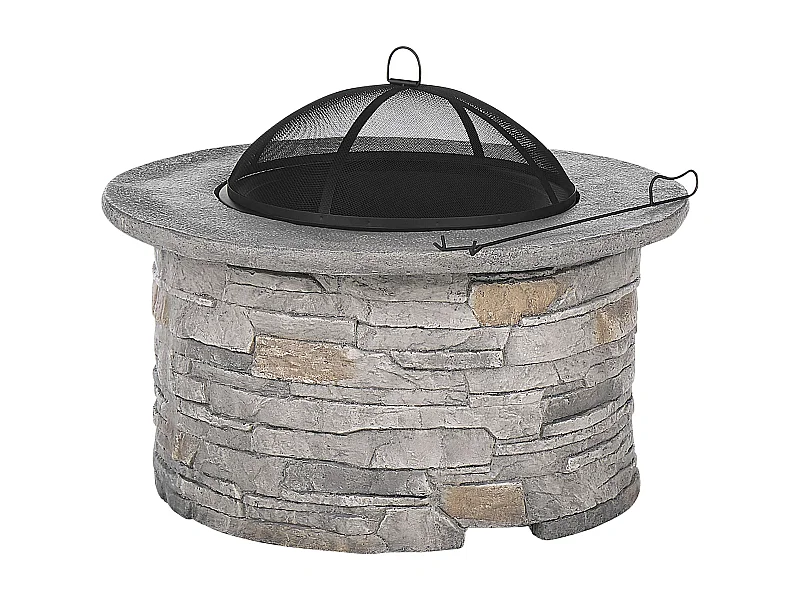 Feuerstelle grau Leichtbeton rund 92 cm Steinoptik mit Funkenschutzhaube Tambora