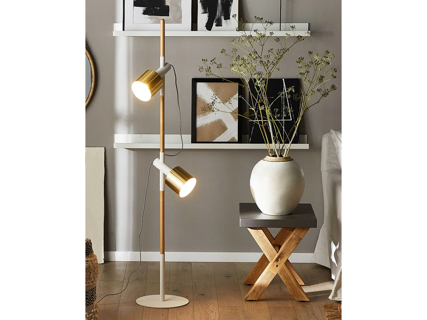 Lampa podłogowa OWENS Regulowana Drewno Biały