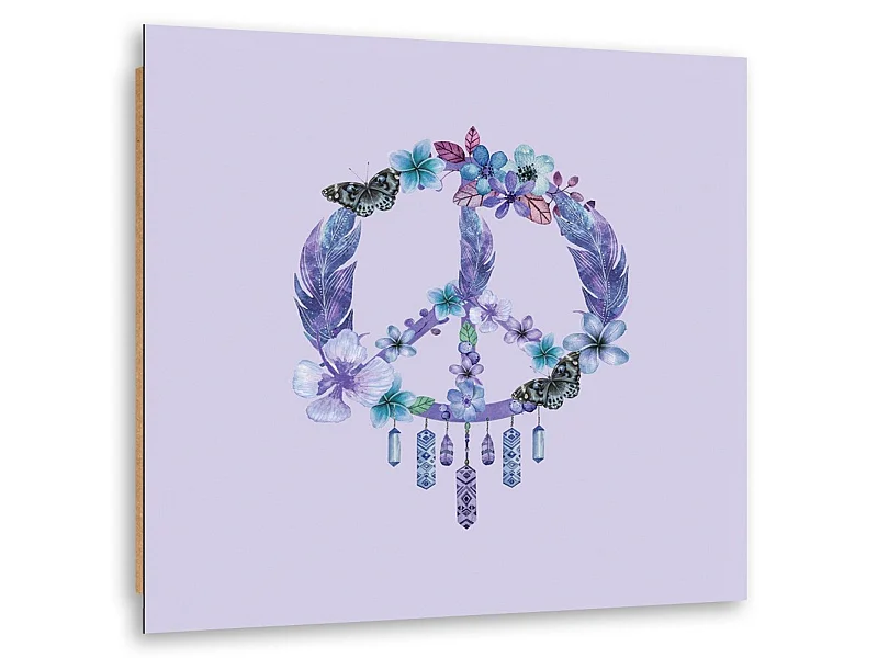 Tableau symbole de paix de bois avec des plumes - 80 x 80 cm