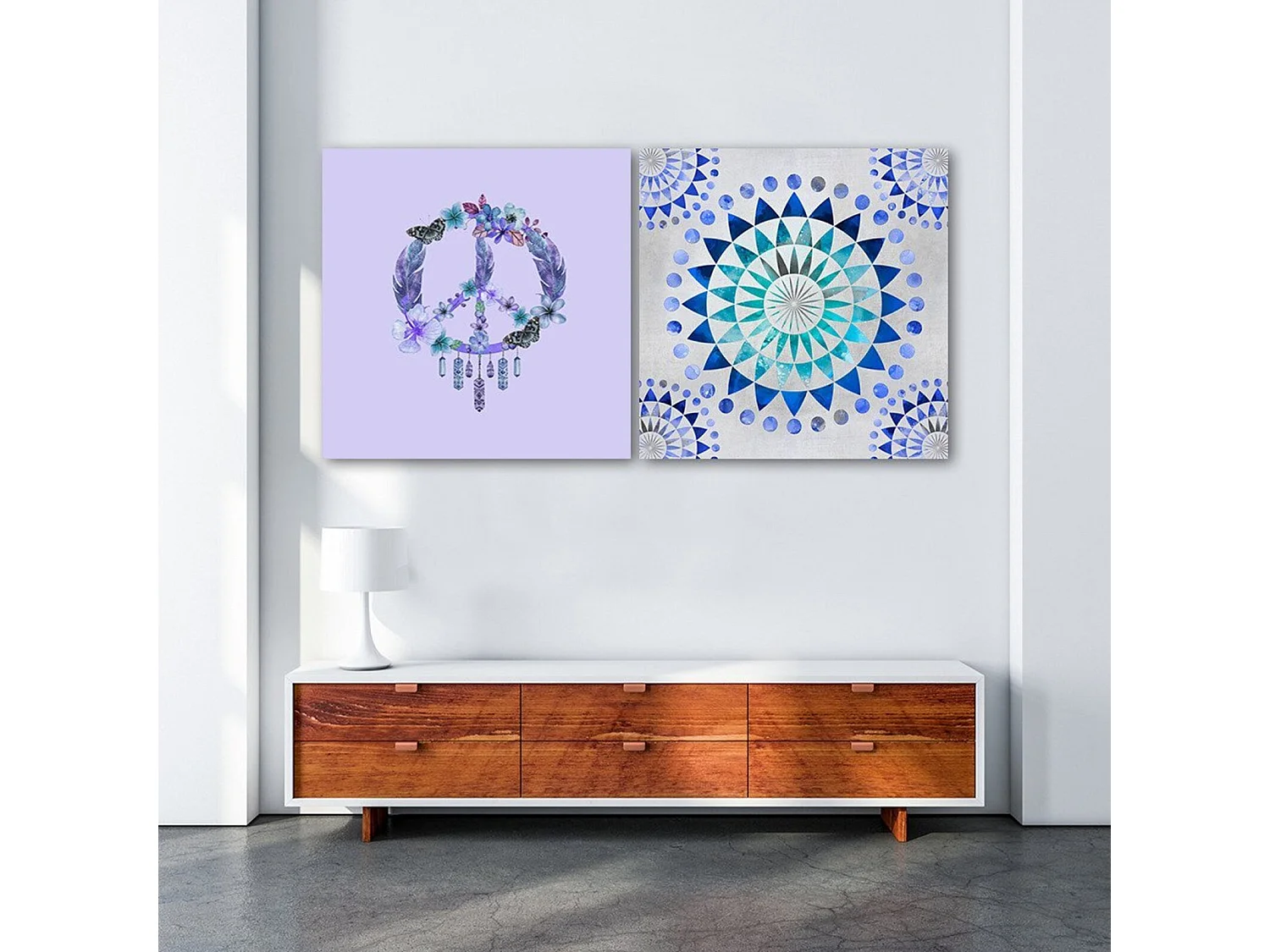 Tableau symbole de paix de bois avec des plumes - 80 x 80 cm