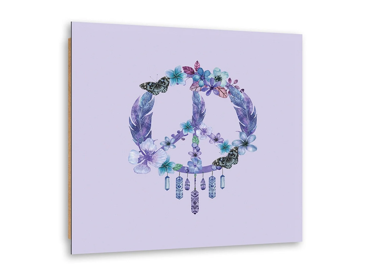 Tableau symbole de paix de bois avec des plumes - 80 x 80 cm