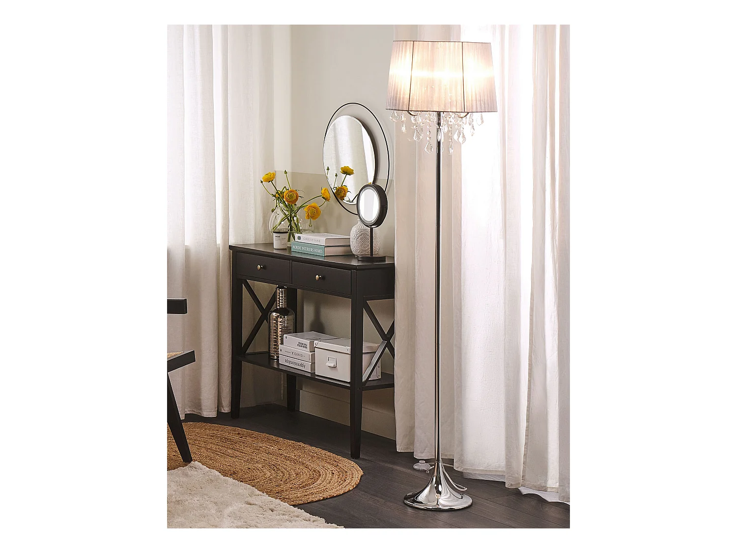 Stehlampe mit Stoffschirm grau Trommelform Kristall-Optik Glamour Stil Evans