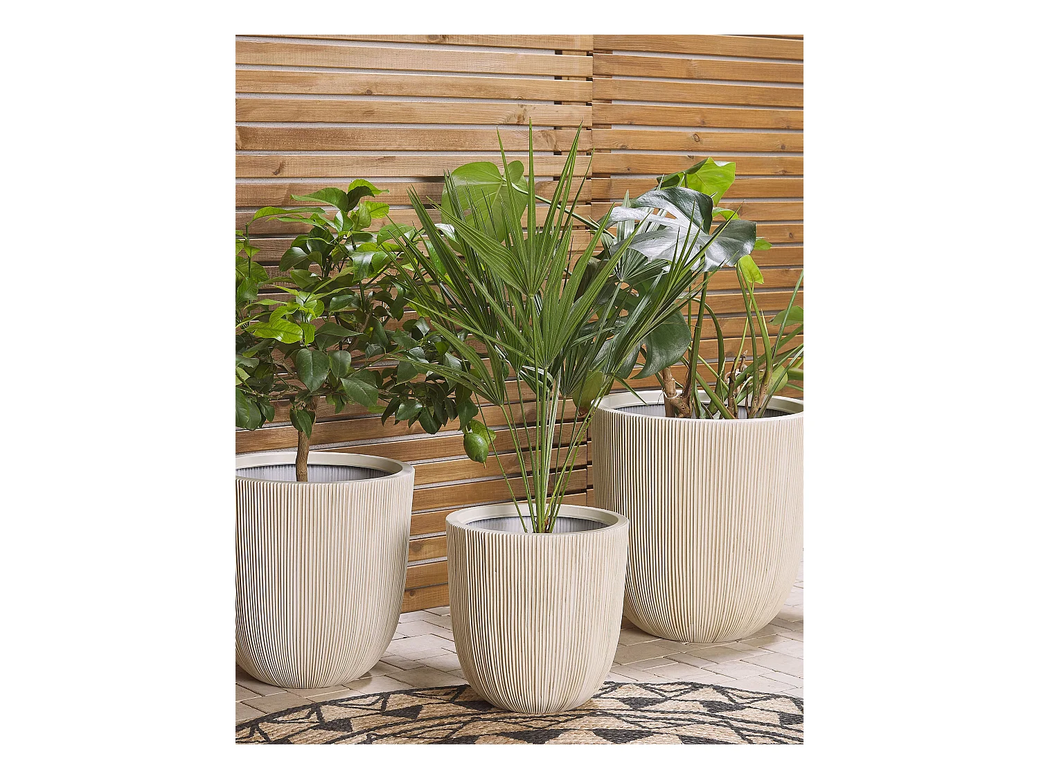 Blumentopf Kunstharz beige / weiß rund 31 cm Rillenstruktur modern Chios