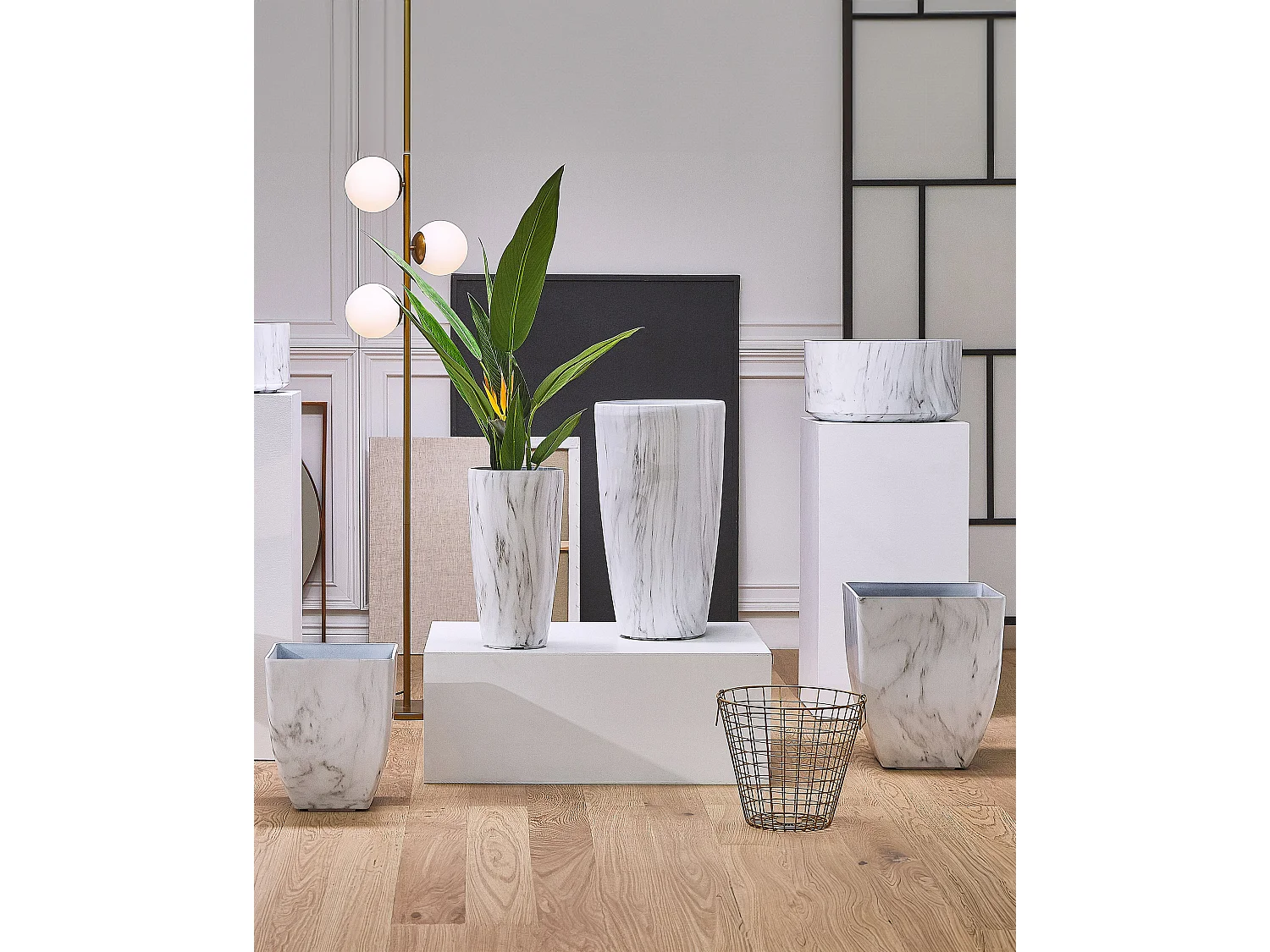 Moderner Blumentopf rund weiß Marmor Optik 34x34x17.5 cm Valta