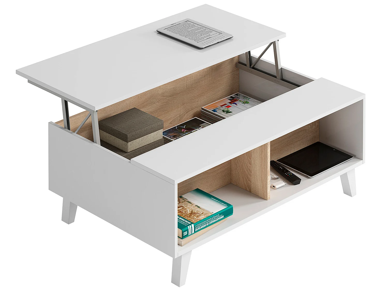 Table Basse Relevable Kira Couleur Chêne/Blanc, 100 cm Largeur
