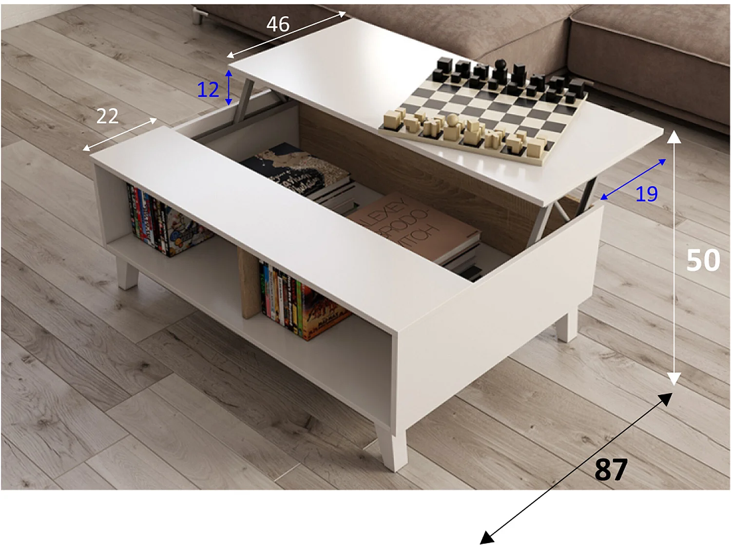 Table Basse Relevable Kira Couleur Chêne/Blanc, 100 cm Largeur
